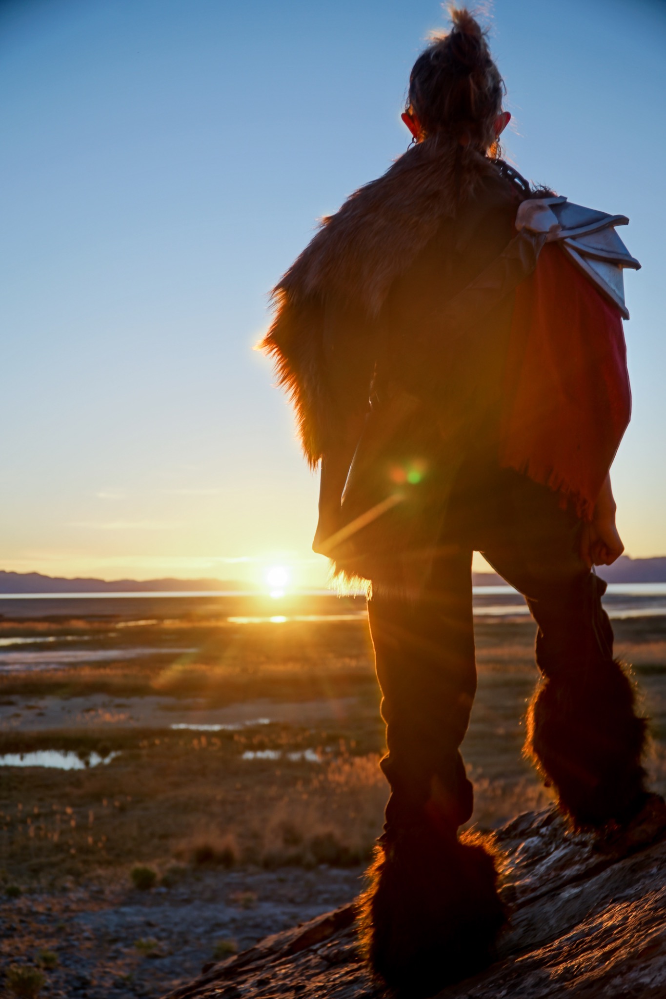 Warrior character facing the sunrise